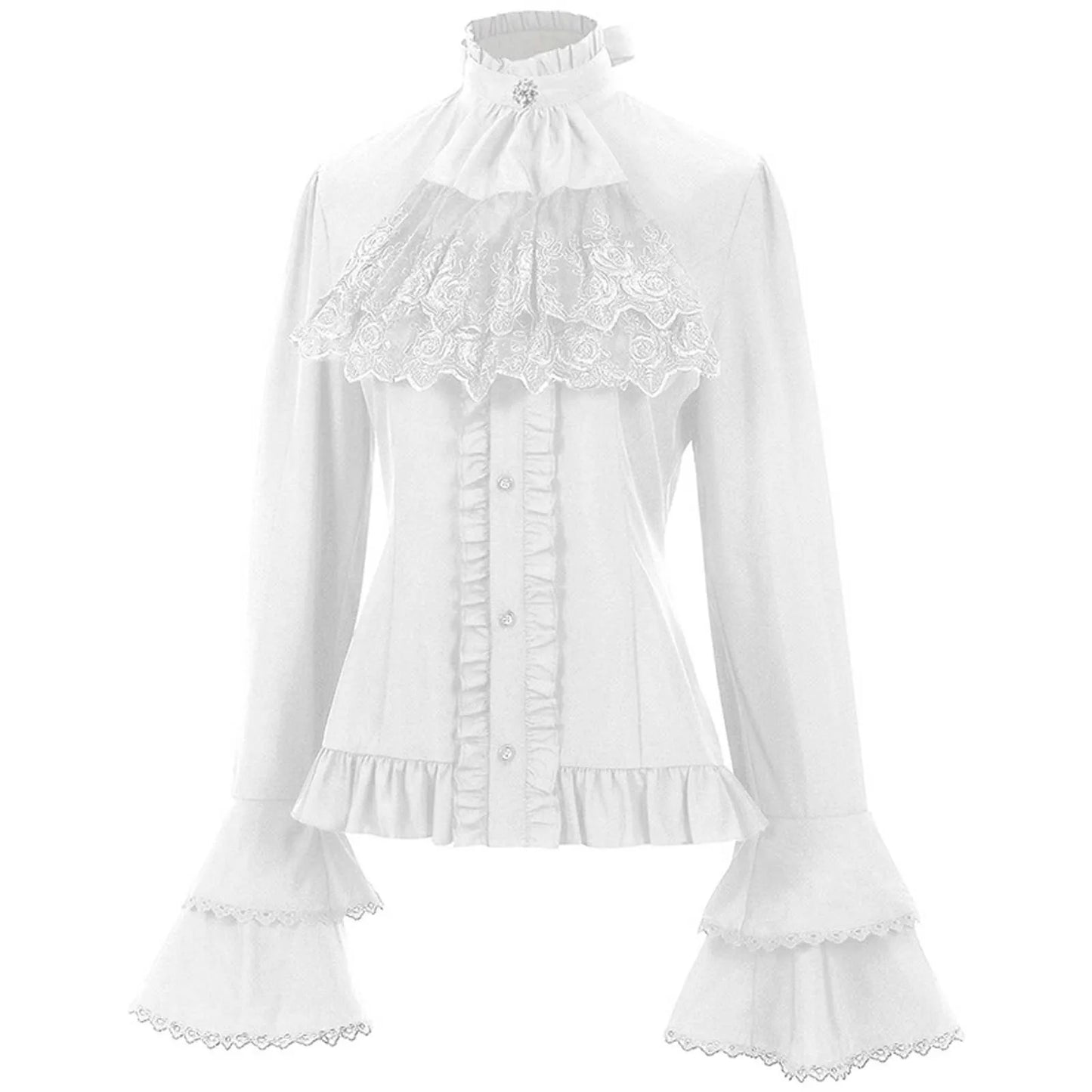 Elegant French Style Solid Shirt for Women Stand Flare Long Sleeve Lace Embroidery Ruffles Bandage Top Gothic Vintage Blouse