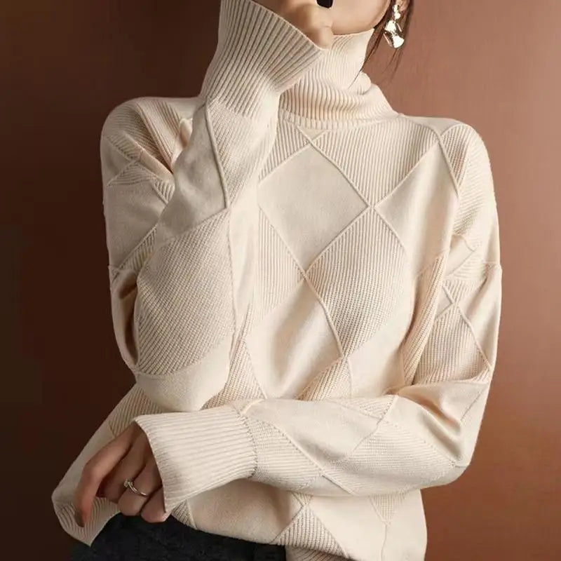 Turtleneck Sweater Long-Sleeve High Neck Sweater Loose Solid Color Knit Pullover Tops For Women Autumn Winter