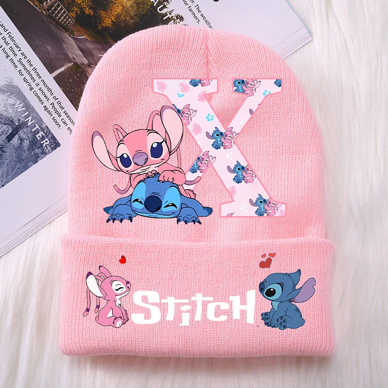 Stitch Angel Girls Knitted Caps Baby Hat Kawaii Cartoon Letter A-Z Printed Beanie Kids Winter Warm Accessories Christmas Gifts