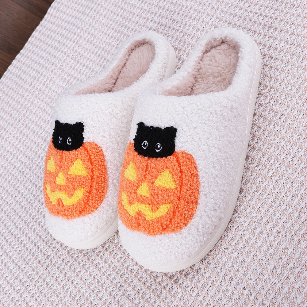 Men Women Slippers Cute Halloween Pumpkin Cat Casual Slippers for Winter Indoor Thermal Shoes Anti Slip Fluffy Footwear Slides