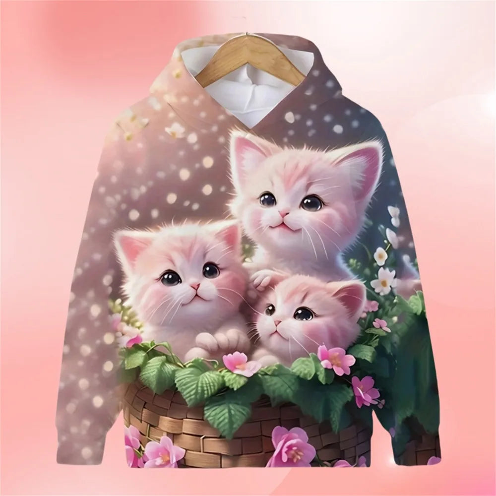 2024 Kawalii Girls Clothes Hoodies for Kids Cat Hoodie Fashion Cartoon Spring Autumn Casual Cartoon Print Sweaters for Children