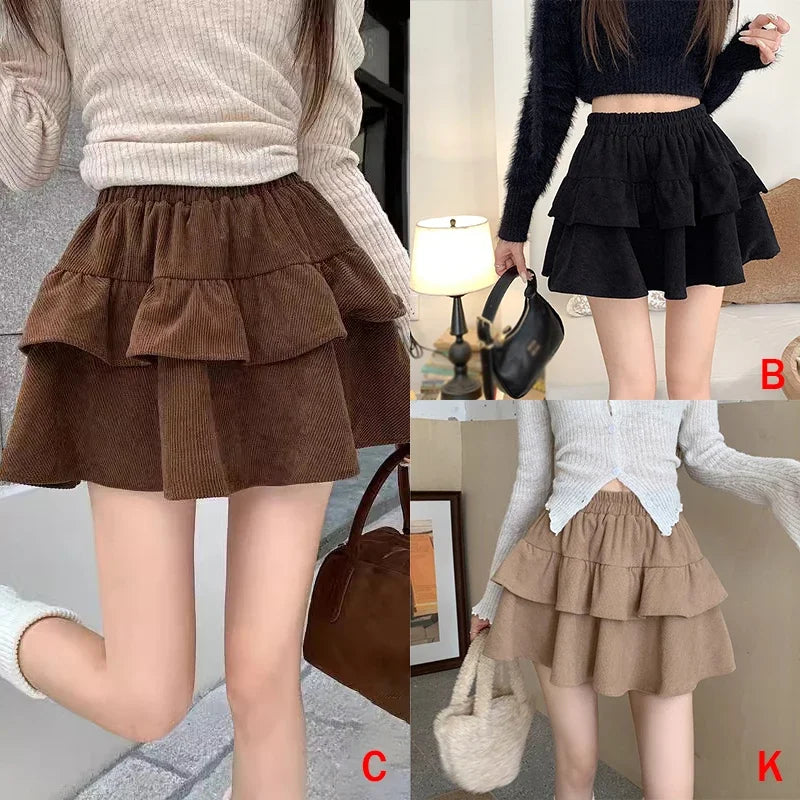 Autumn Winter, High-waisted, Solid Corduroy A-line Tutu Sweet and Versatile, Cake Skirt