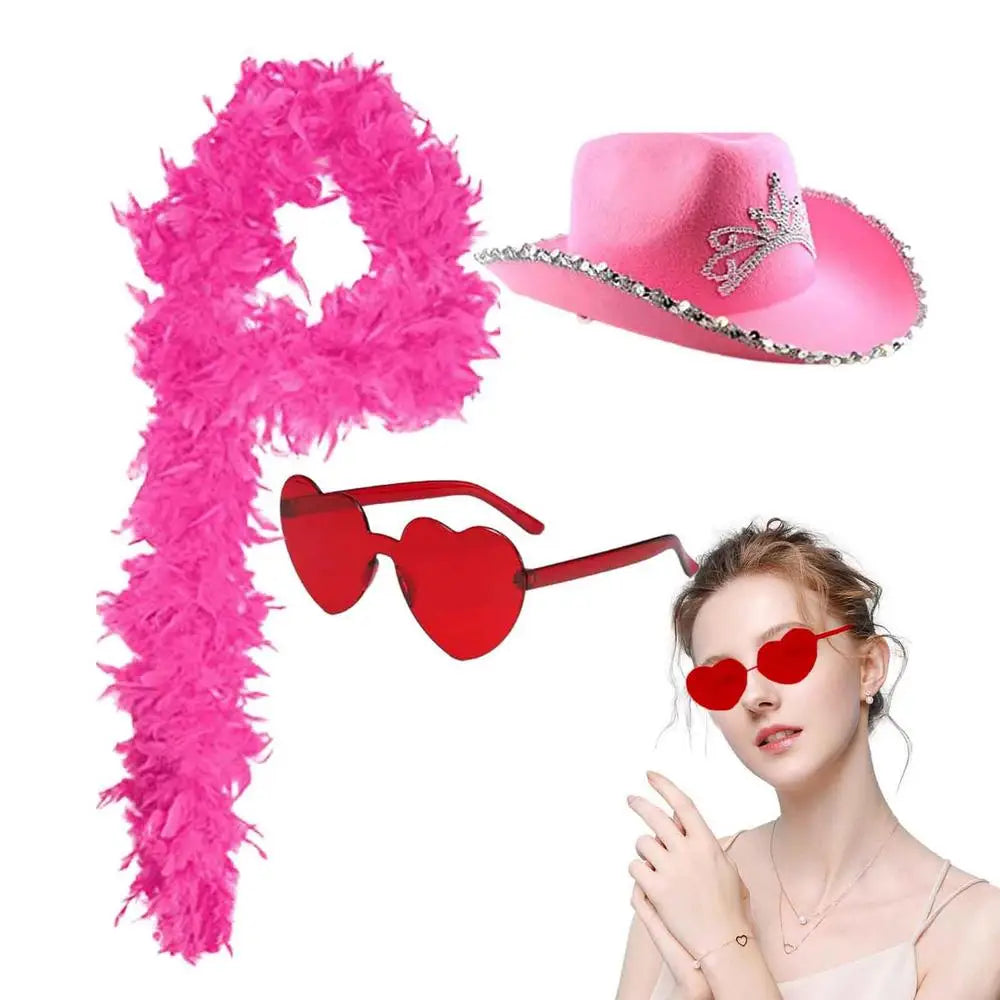 Pink Cowgirl Hat Novelty Preppy Pink Cowgirl Hat And Heart Shaped Sunglasses Skin-friendly Party Decoration Clothes For Disco