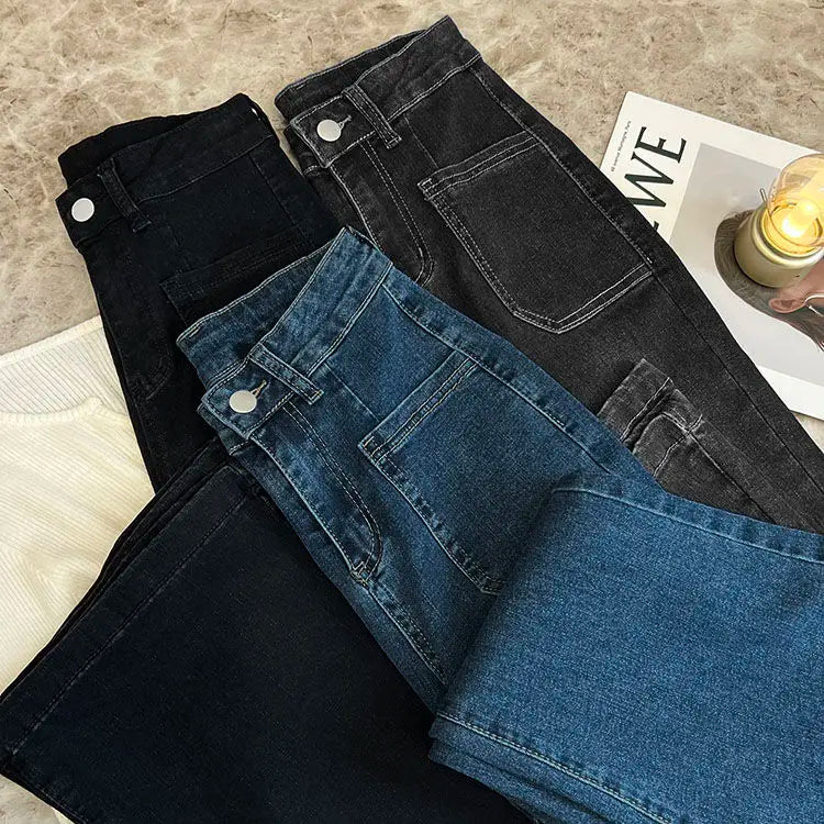 New High Waist Trousers Loose Washed Jeans Pockets Slim Denim Flare Classic Women Vintage Stretch Straight Trousers All-match