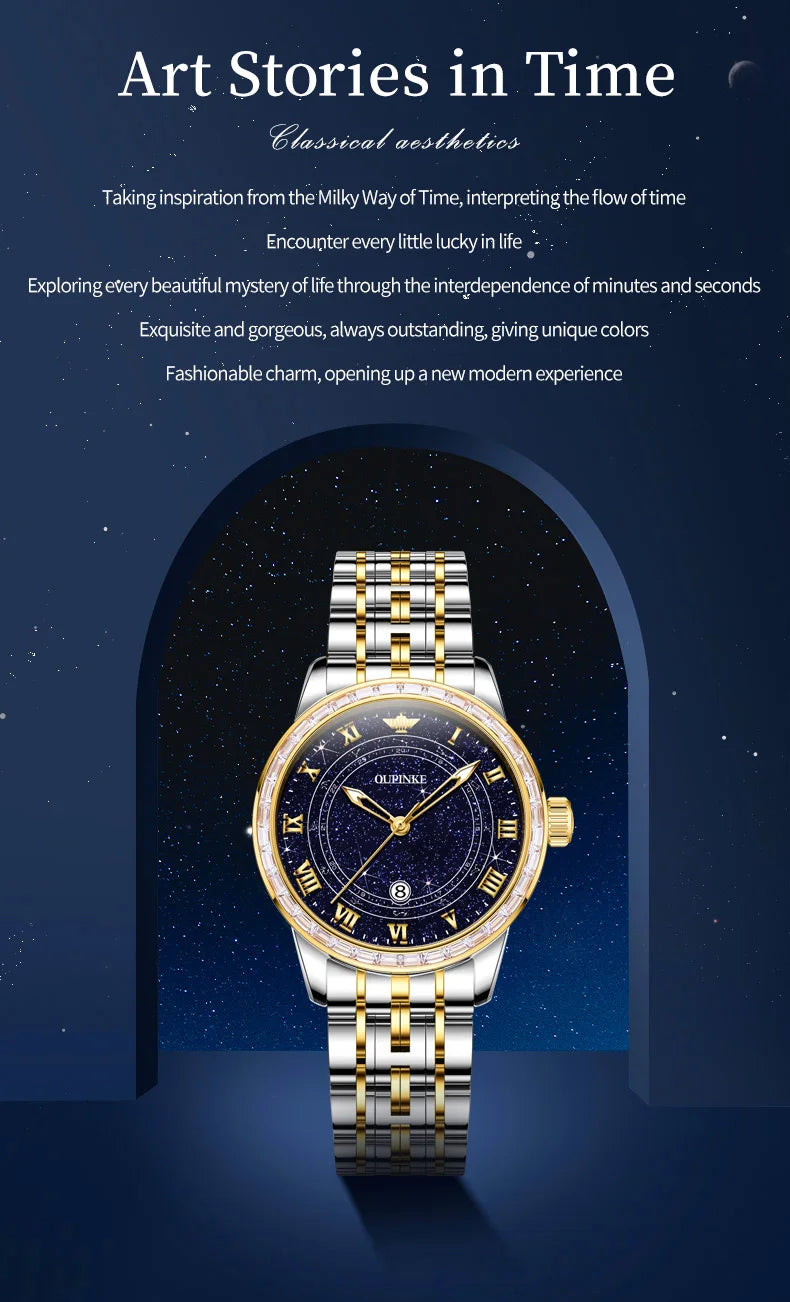 OUPINKE Top Luxury Brand Women's Watches Calendar Automatic Mechanical Watch Starry Sky Dial Romantic Gift Female Wristwatch