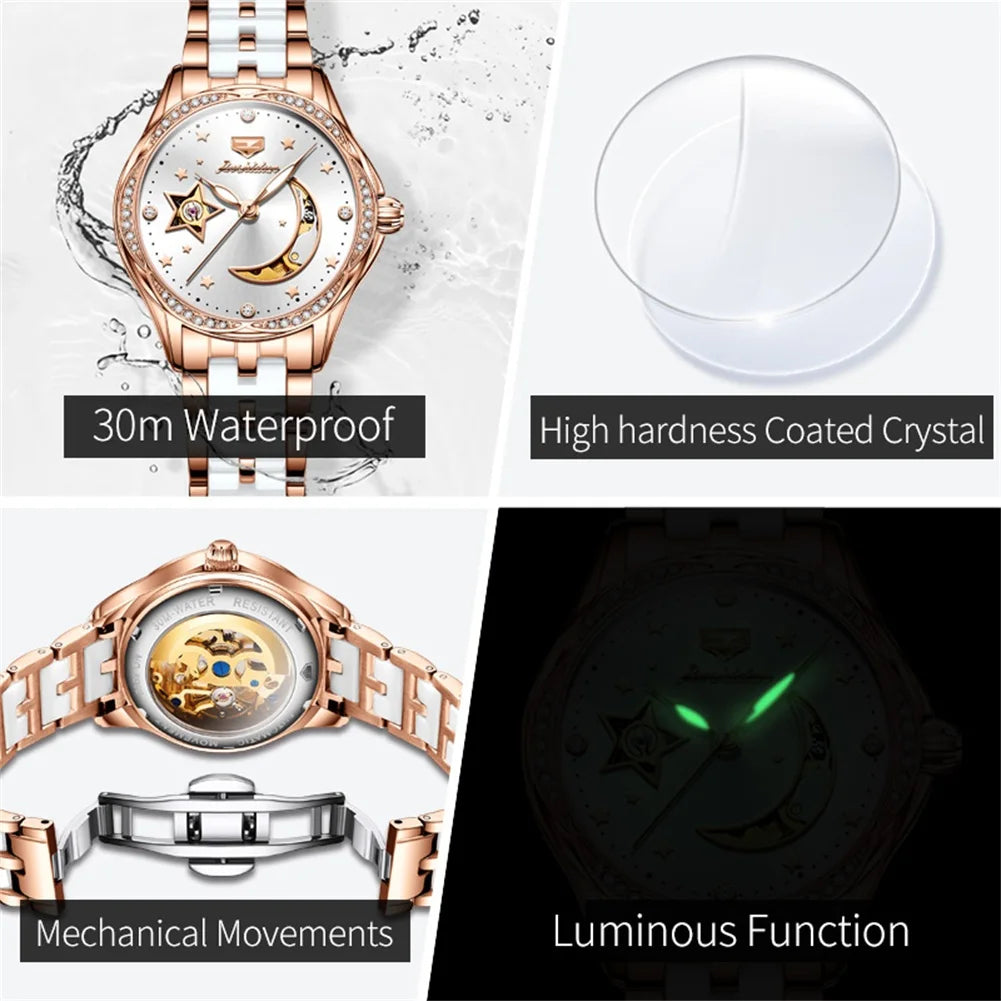 JSDUN Top Brand Fashion Elegant Women Watches Waterproof Automatic Mechanical Watch Ceramic Tape Luminous Luxury Original Watch