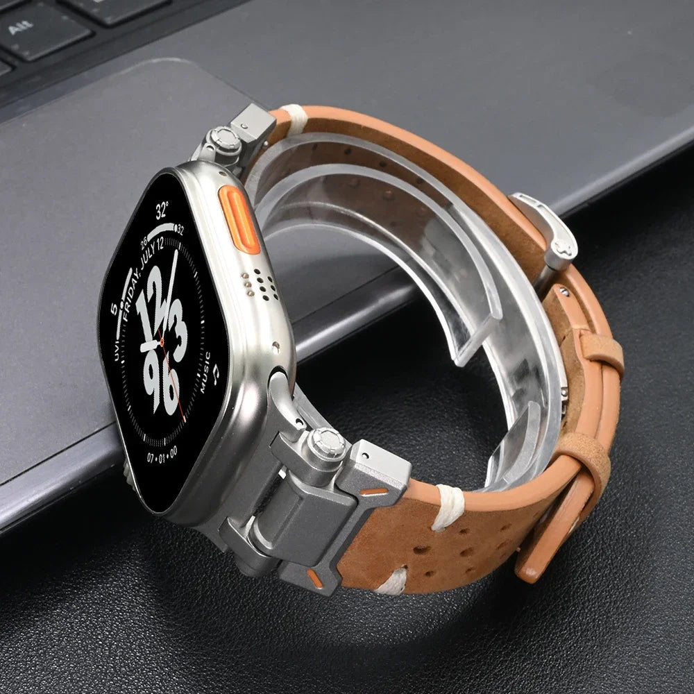 Leather Band for Apple Watch Ultra 2 49mm Series 10 46mm Strap for iWatch Series 9 8 7 45mm 4 5 6 se 44mm Luxury Metal Bracelet