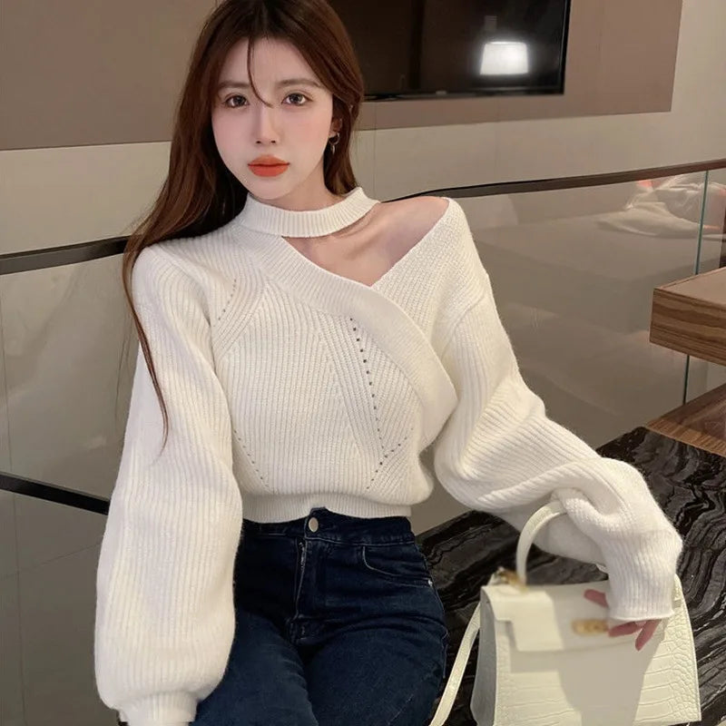 Women's Christmas Sweater Sexy Long Sleeved Sweater Warm Hanging Neck Off Shoulder Female Solid Color Tops