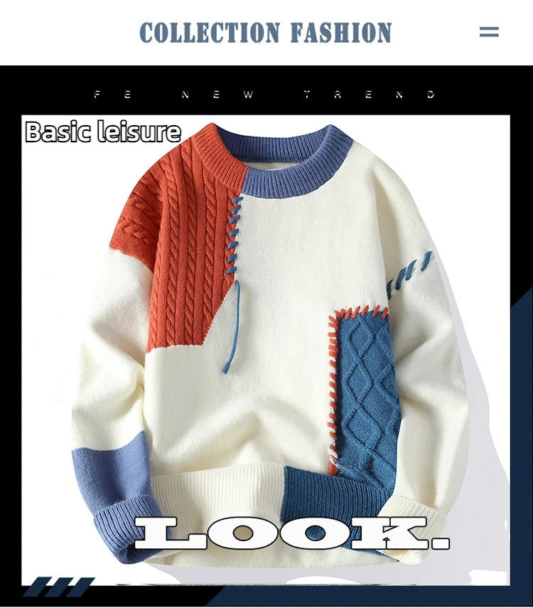 2024 Autumn Winter Warm Sweaters Patchwork Pullovers Korean Style Round Neck Knitted Sweater Men Women Fashion Knitwear