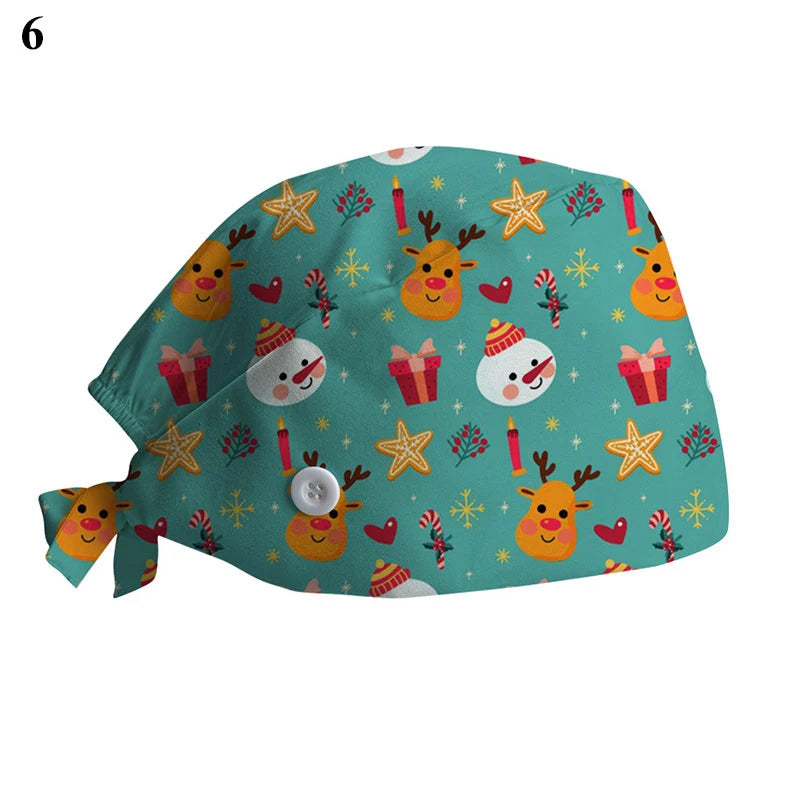 New Christmas Scrubs Caps Santa Claus Print Cap Pet Grooming Agency Work Scrubs Hat Beauty Work Hats Lab Nursing Cap