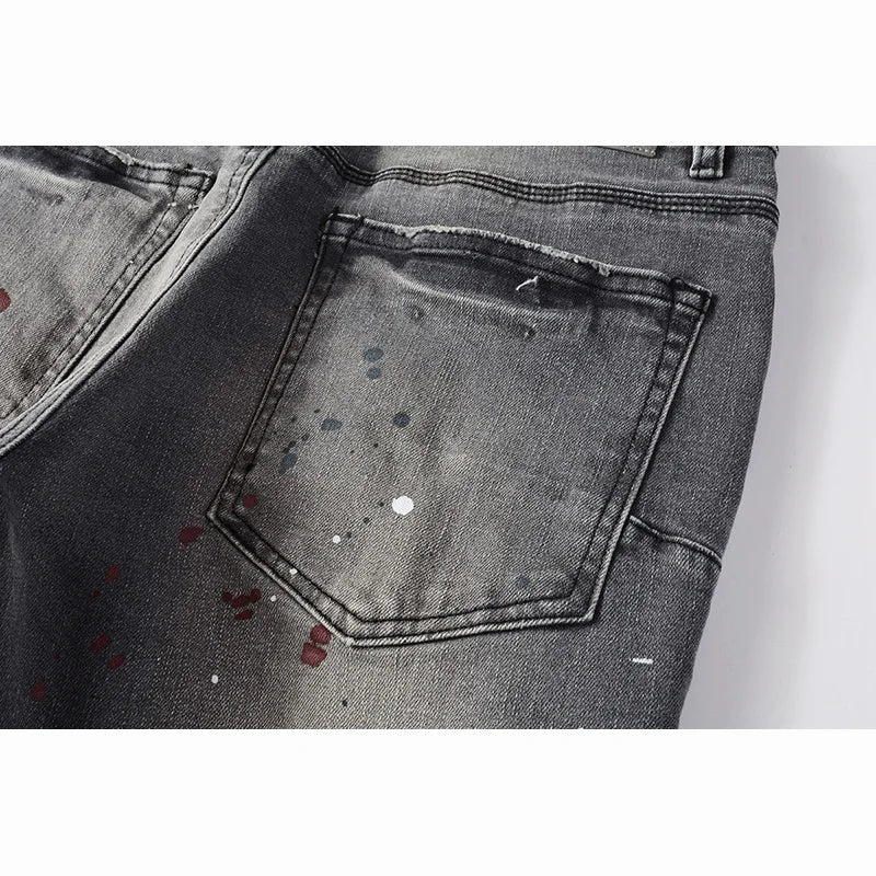 Men's Distressed Light Gray Skinny Americans High Street Style Graffiti Slim Fit Ripped Holes Jeans