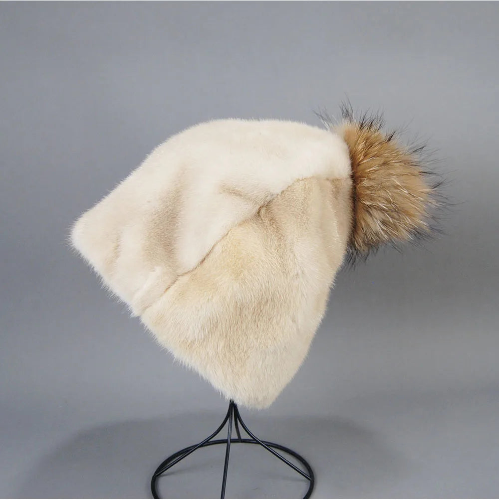 2023 Winter Real Natural Mink Fur Fox Hat for Women Thicken Warm Casual Pom New High Quality Girl Bobble  Christmas Knitted Cap