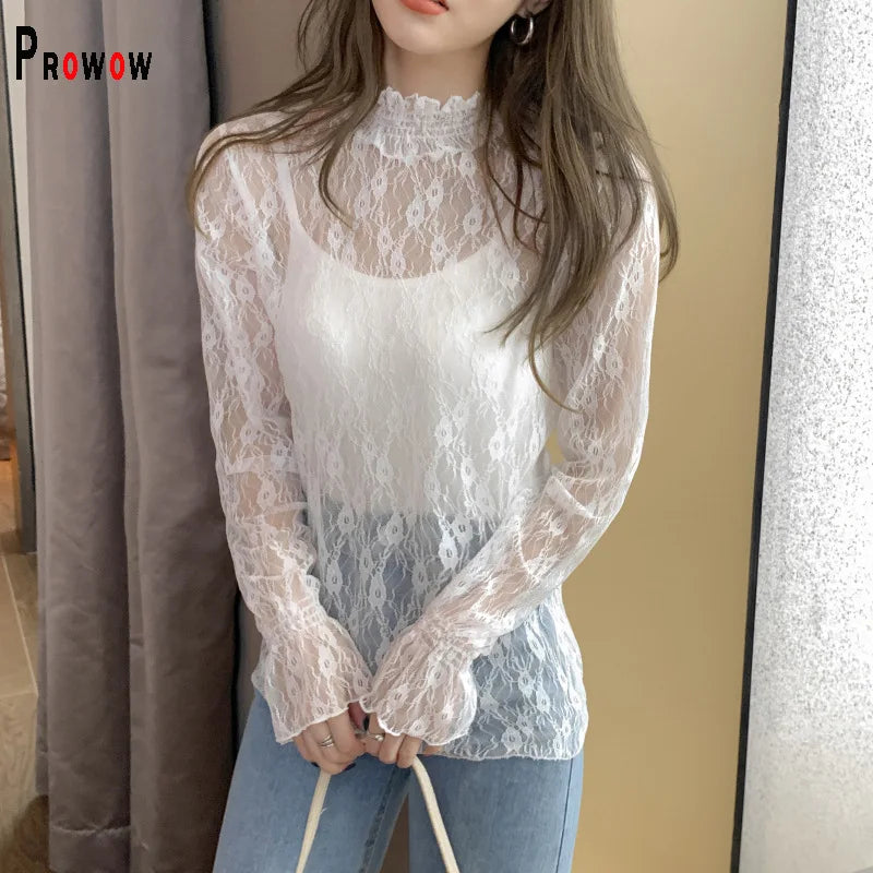 Prowow Sexy See Through Lace Flower Women's Blouse Shirts Long Sleeve Spring Summer Thin Crop Tops Clothes Basic Female Outfits