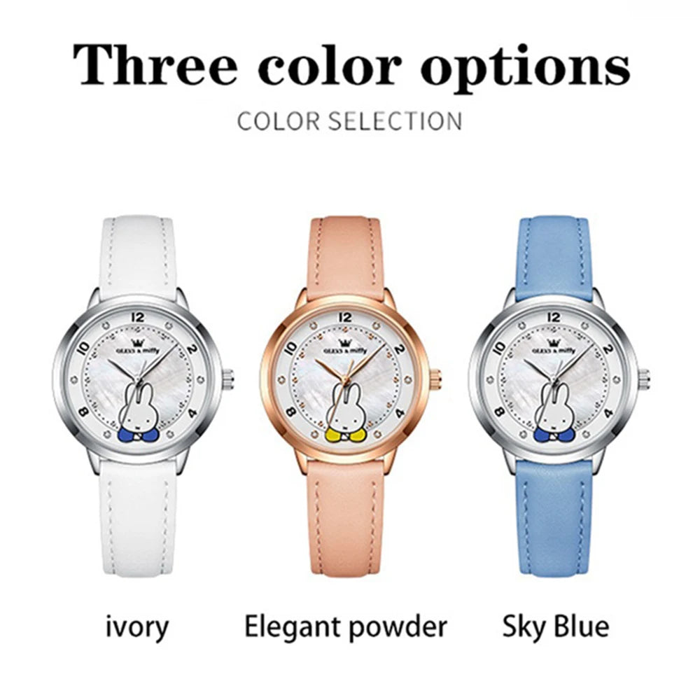 OLEVS & Miffy Joint Edition Women's Watches Casual Cute Style Original Quartz Watch for Girl Leather Strap Box Gift for Kids