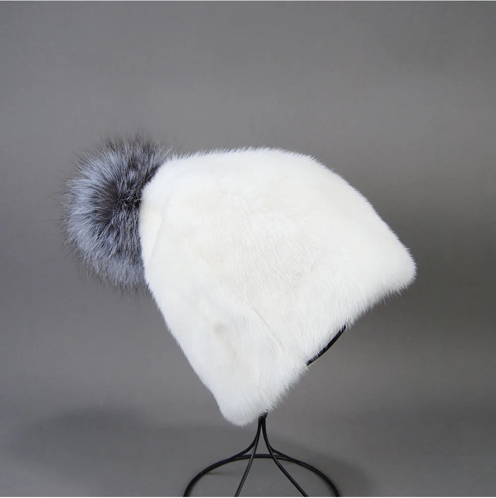 2023 Winter Real Natural Mink Fur Fox Hat for Women Thicken Warm Casual Pom New High Quality Girl Bobble  Christmas Knitted Cap