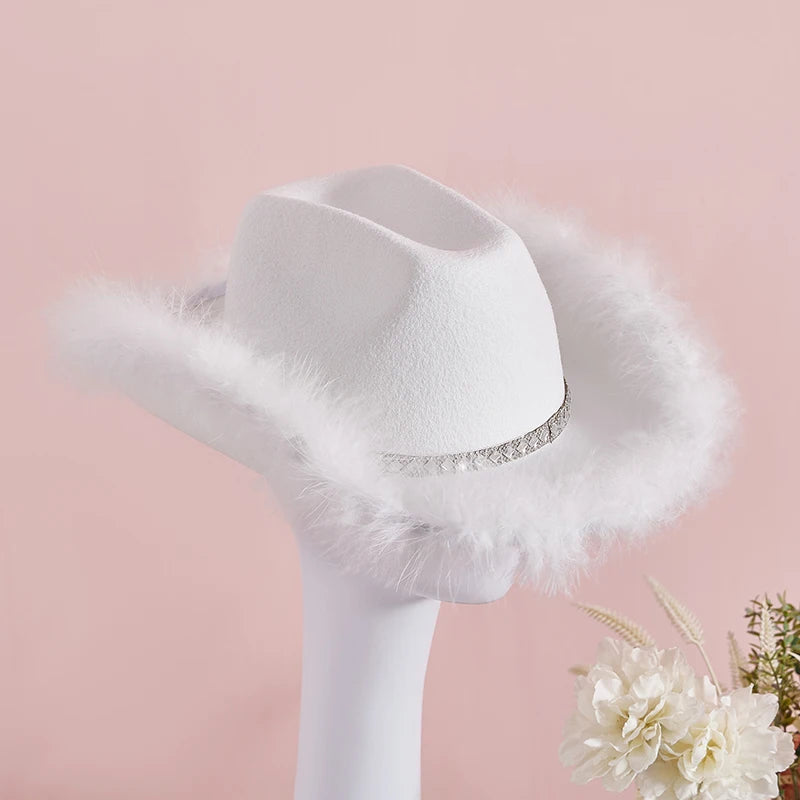 Women s Western Style Cowboy Hat with Feather Accents Wide Brim Sun Protection Cap for Outdoor Parties and Events