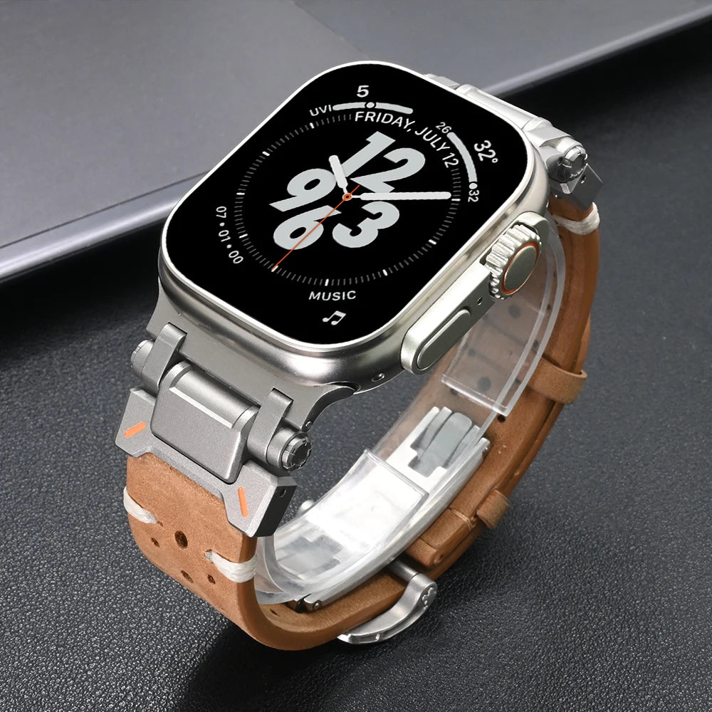 Leather Band for Apple Watch Ultra 2 49mm Series 10 46mm Strap for iWatch Series 9 8 7 45mm 4 5 6 se 44mm Luxury Metal Bracelet