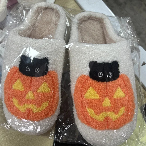 Men Women Slippers Cute Halloween Pumpkin Cat Casual Slippers for Winter Indoor Thermal Shoes Anti Slip Fluffy Footwear Slides