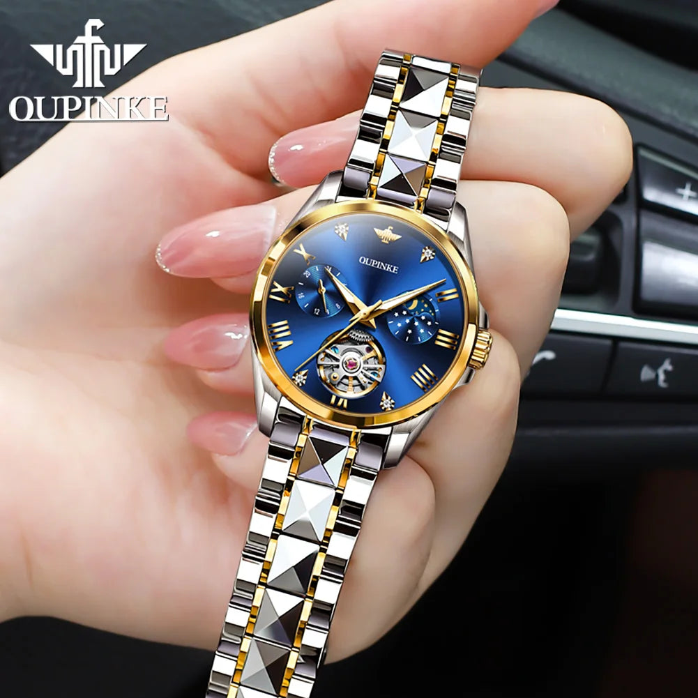 OUPINKE Fashion Luxury Brand Women's Watches Elegant Hollow out Moon Phase Automatic mechanical Watch Original Female Wristwatch