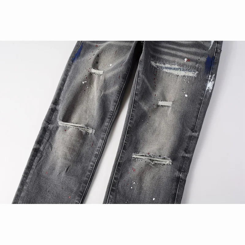 Men's Distressed Light Gray Skinny Americans High Street Style Graffiti Slim Fit Ripped Holes Jeans