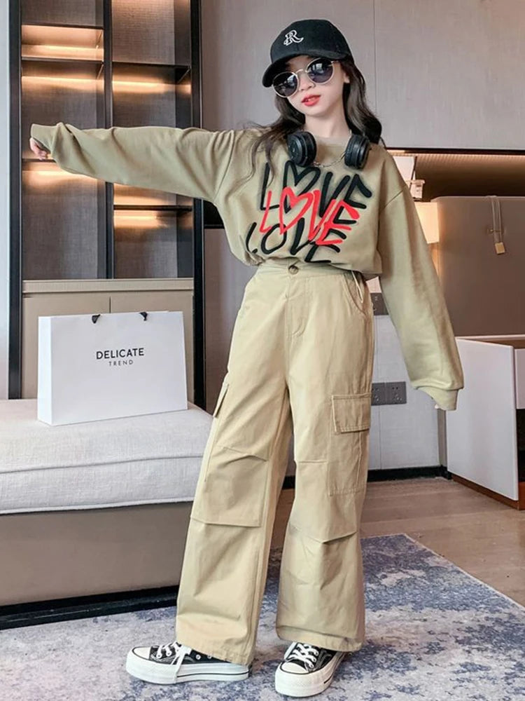 Kid Girls Sweater+Cargo Pants 2Pcs Suit Autumn Teen Clothing Set Fashion Letter Printing Outfits Spring New Tracksuit 3-14 Years