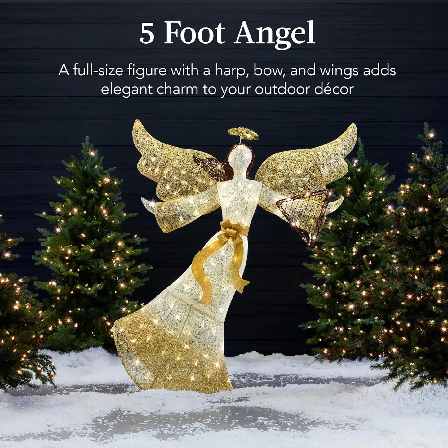 5ft Lighted Outdoor Angel Christmas Decoration, Pre-Lit Winged Holiday Figure for Lawn w/ 140 LED Lights, Harp, Bow