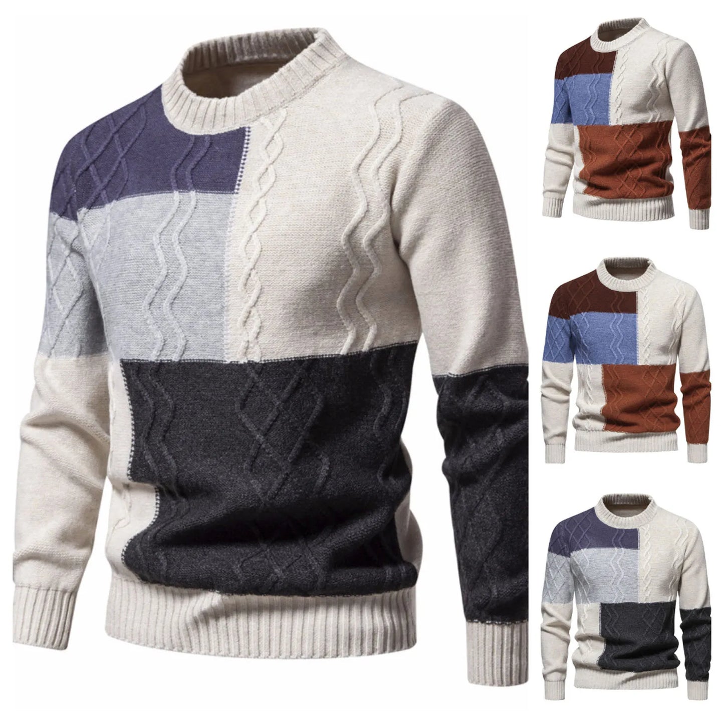 Men's Colorblock Round Neck Sweater Top Fashion Casual Long Sleeve Slim Fit Knitted Sweater Pullover sueteres de hombres