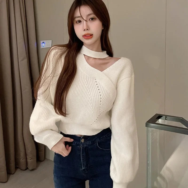 Women's Christmas Sweater Sexy Long Sleeved Sweater Warm Hanging Neck Off Shoulder Female Solid Color Tops