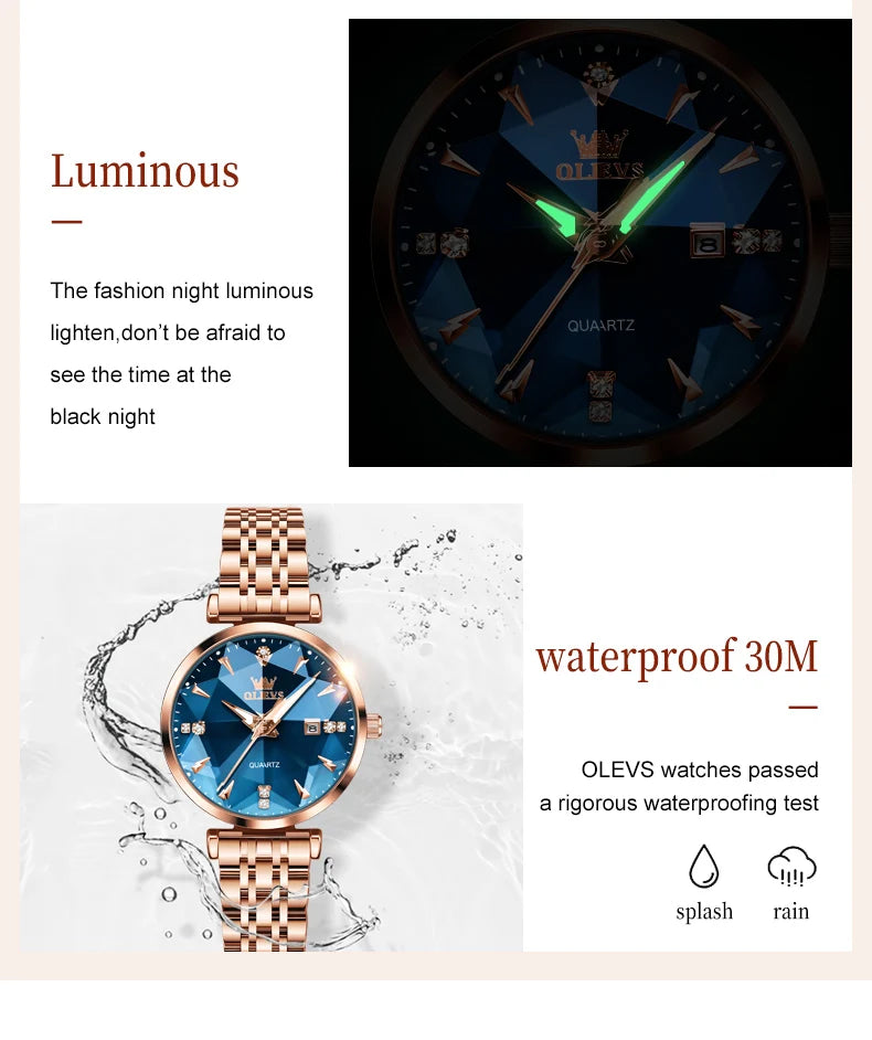 OLEVS Women's Watches New Luxury Quartz Original Fashion Trend Watch for Woman Glow Waterproof Diamond Inlay Date