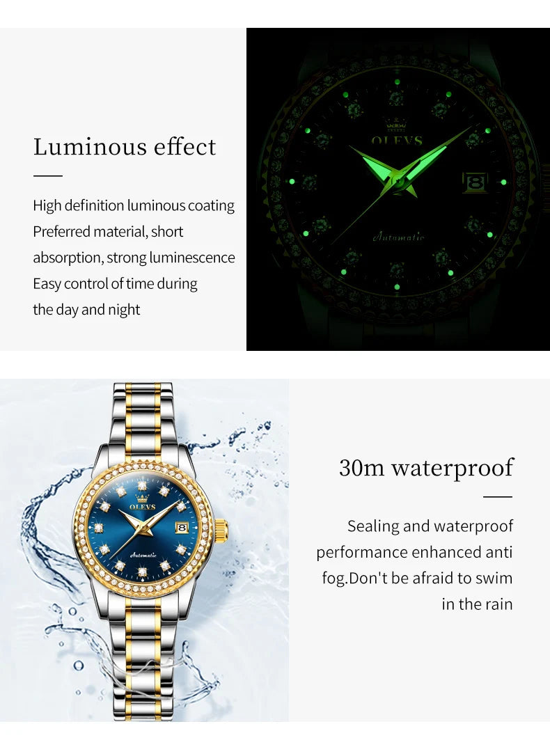 OLEVS Automatic Watch for Women Diamond Gold Luxury Stainless steel Elegant Original Women's Automatic Watch Necklace Gift Set