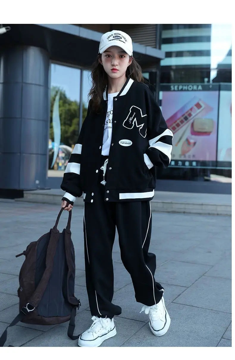 Girls Contrast Alphabet Single-breasted Sweat Varsity Jacket+Drawstring Sweatpant Set School Kids Tracksuit Child Outfit 3-14Yrs