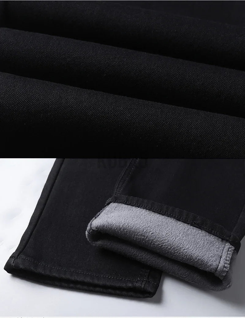 2024 Winter New Casual Men's Warm Fleece Jeans Classic Style Business Thicken Fur Regular Fit Denim Pants Brand Plush Trousers