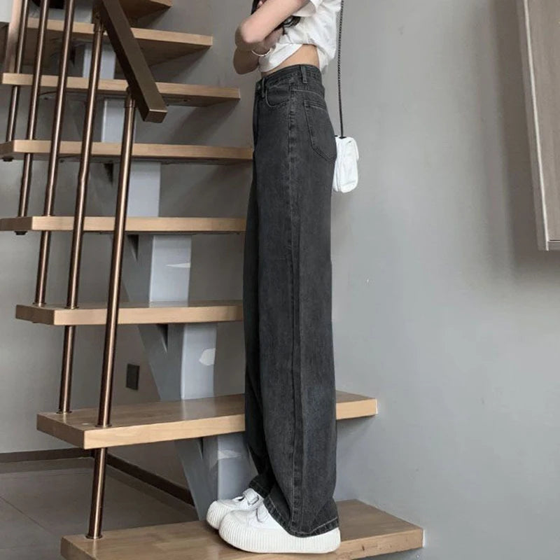 Woman Vintage Wide Leg Jeans Girls High Waist Pants Female Fashion Black Black Grey Retro Blue Light Blue Pink Denim Trousers