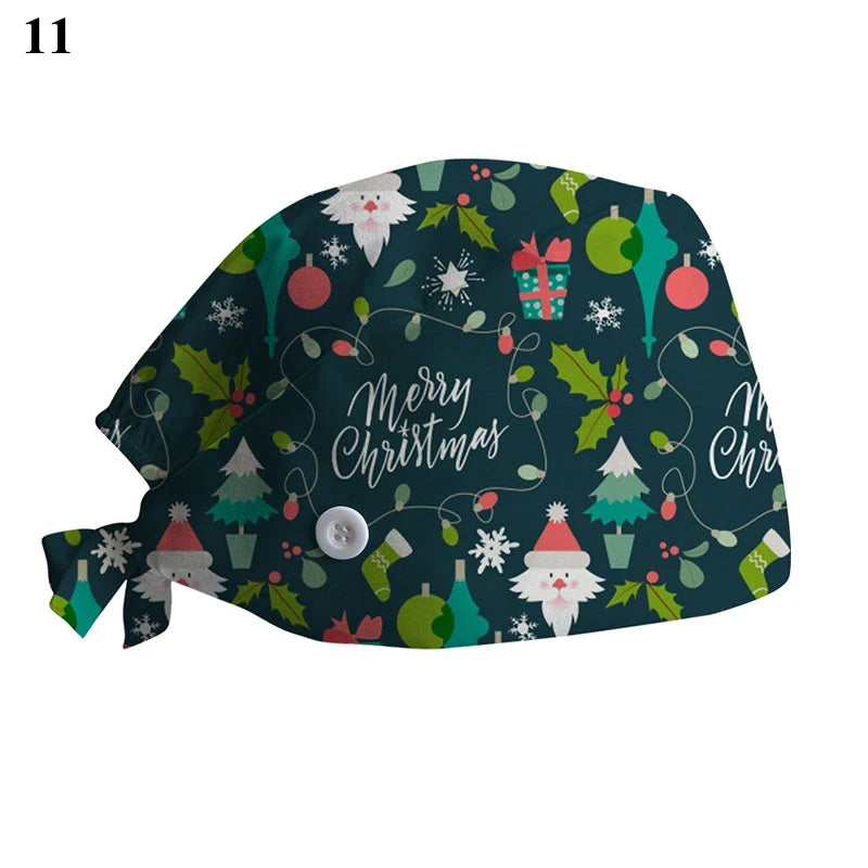 New Christmas Scrubs Caps Santa Claus Print Cap Pet Grooming Agency Work Scrubs Hat Beauty Work Hats Lab Nursing Cap