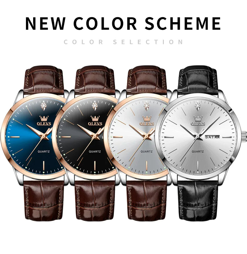 OLEVS Fashion Business Brand Original Men Watches Leather Strap Trend Week Calendar Quartz Watch Luminous Waterproof 43mm Dial