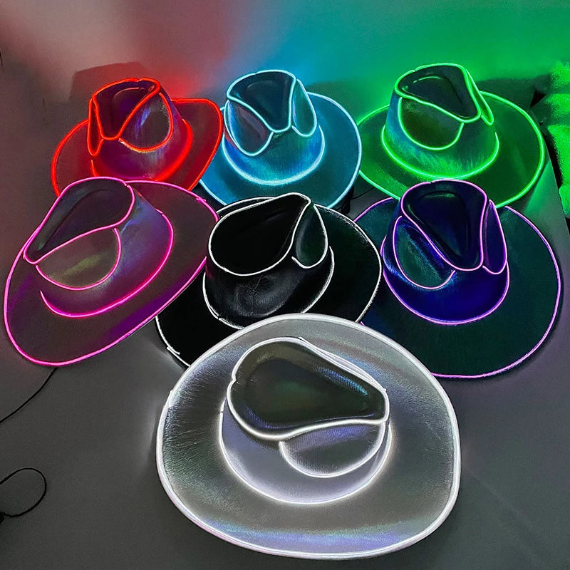 Glow in the Dark Led Bride Cowgirl Hat Luminous Light Bar Cap Disco Bachelorette Party Supplies Flashing Neon Western Cowboy Hat