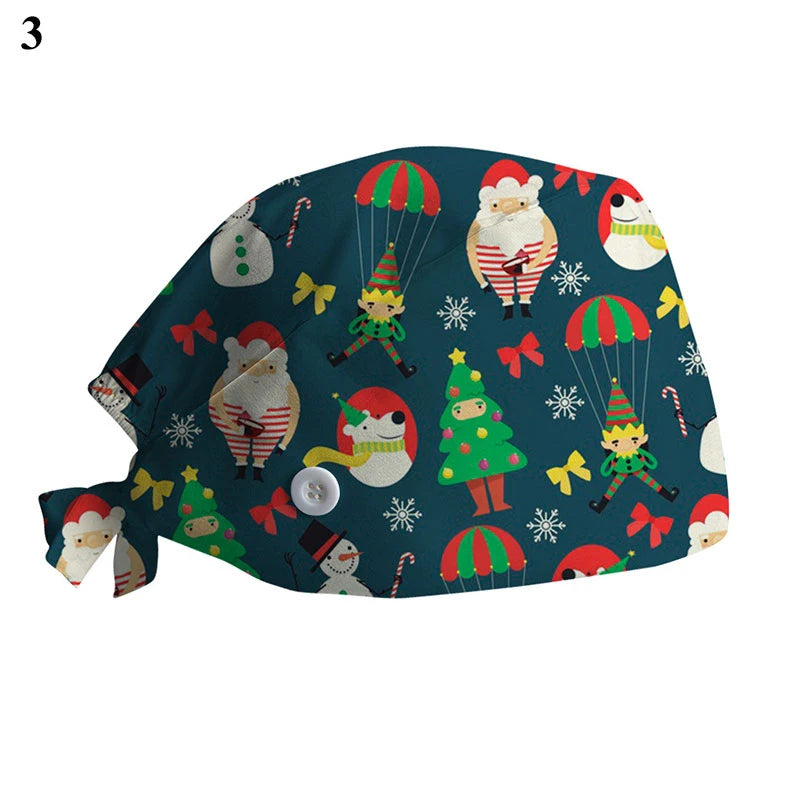 New Christmas Scrubs Caps Santa Claus Print Cap Pet Grooming Agency Work Scrubs Hat Beauty Work Hats Lab Nursing Cap