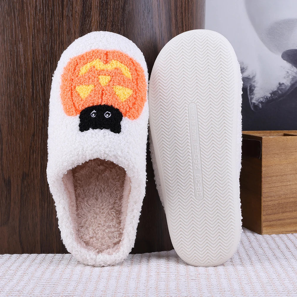 Men Women Slippers Cute Halloween Pumpkin Cat Casual Slippers for Winter Indoor Thermal Shoes Anti Slip Fluffy Footwear Slides