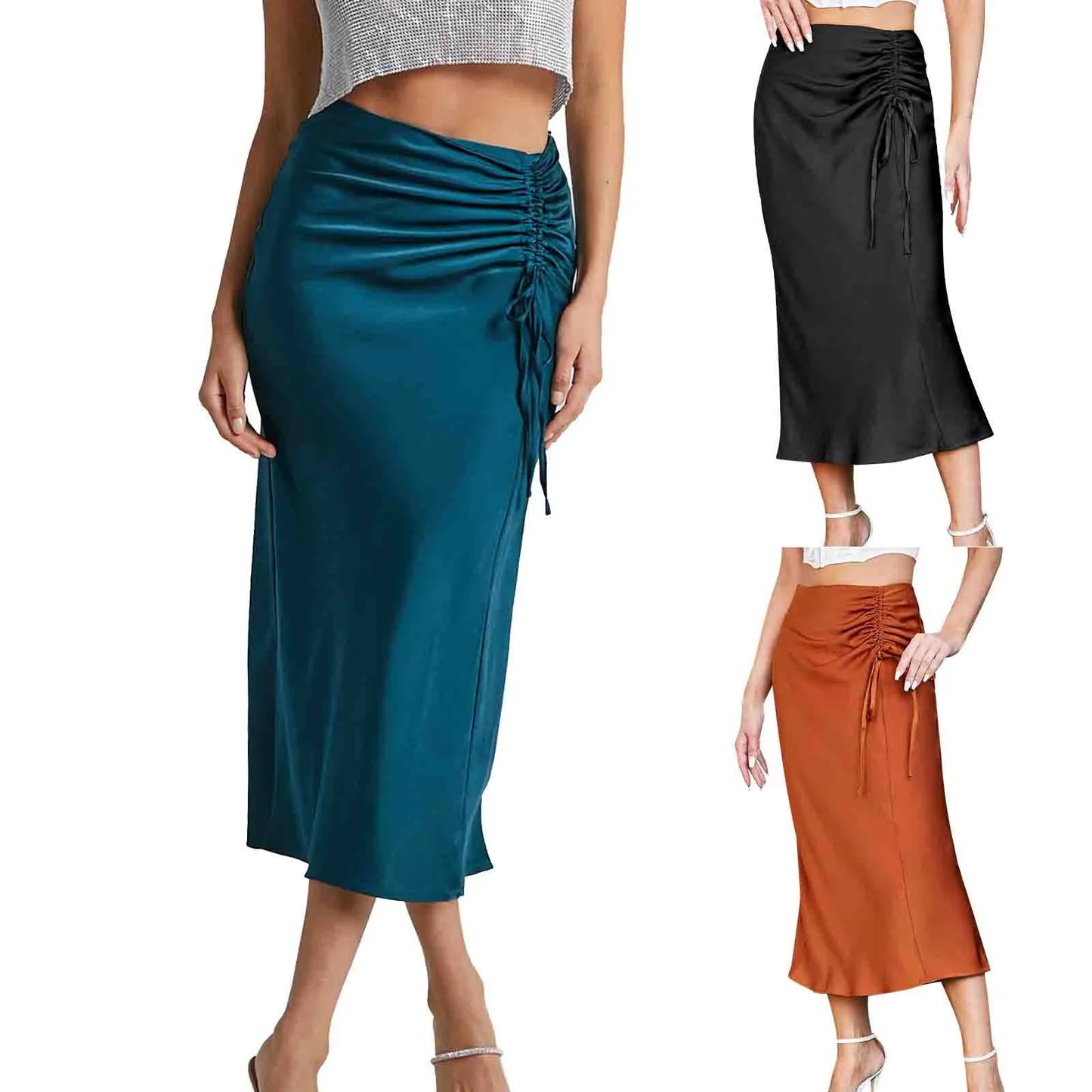 Women Elegant High Waist Ruched Shirring Satin Slim Fit Long Skirt Sexy Hip Wrapped Pleated Solid Color Skirt Chic Office Outfit