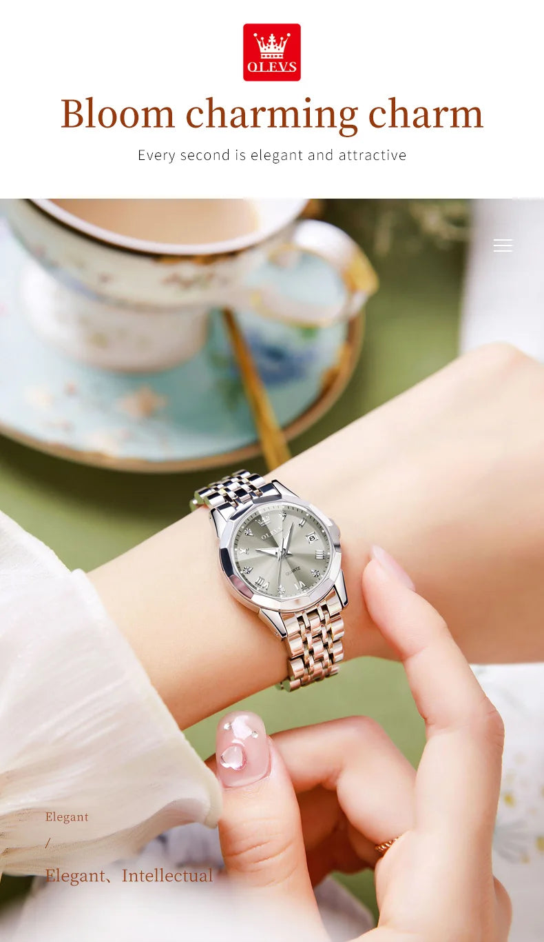 OLEVS Elegant Fashion Women's Watches Luxury Brand Original Quartz Watch for Ladies Waterproof Stainless Steel Luminous Date