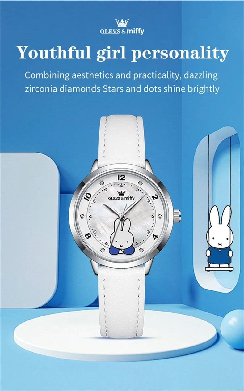 OLEVS & Miffy Joint Edition Women's Watches Casual Cute Style Original Quartz Watch for Girl Leather Strap Box Gift for Kids