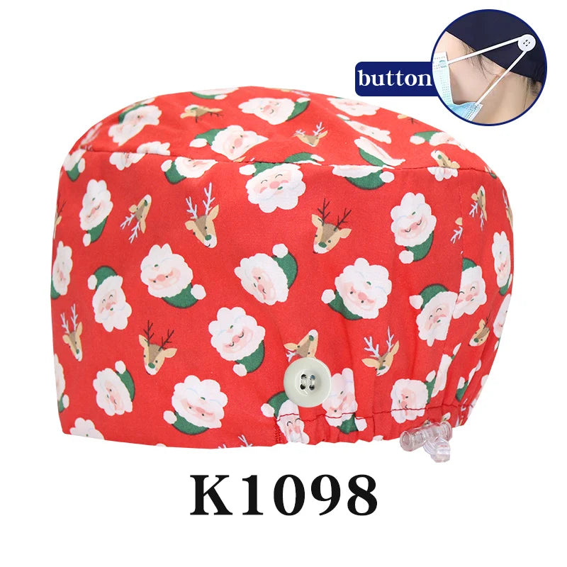 Santa Claus Print Surgical Caps Christmas Scrub Hats Dental Hospital Nurse Headwear Durable Medical Caps Soft Cotton K1093