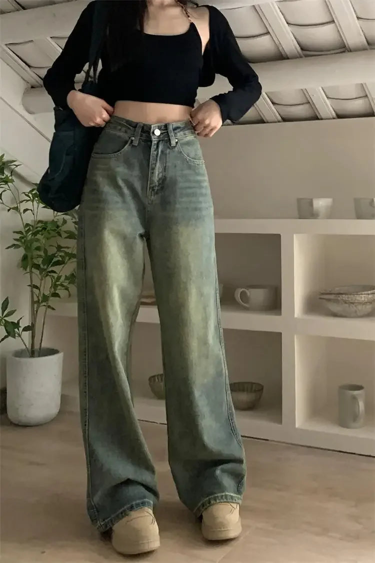 Vintage High-waisted Slimming Jeans American Style Casual Bell Bottoms Versatile Straight-leg Long Pants For Women