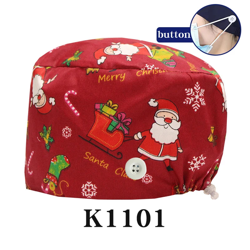 Santa Claus Print Surgical Caps Christmas Scrub Hats Dental Hospital Nurse Headwear Durable Medical Caps Soft Cotton K1093