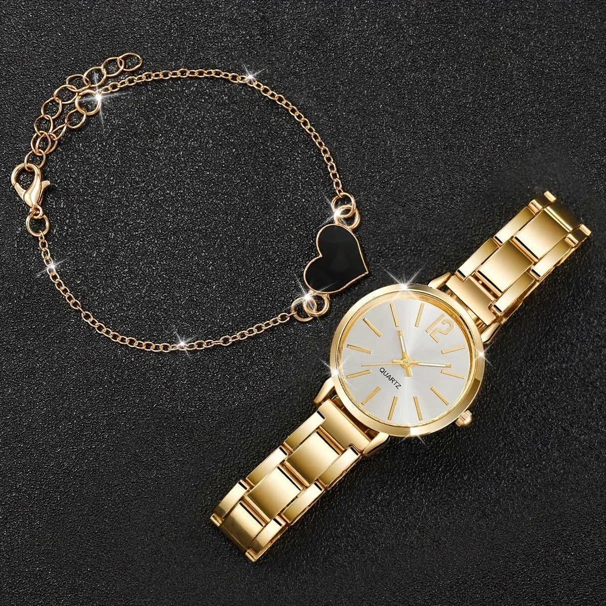 Golden Watches Heart Charm Bracelet 2pcs Set Fashion Quartz Wristwatches for Women Gifts Luxury Ladies Watch Relogio Feminino