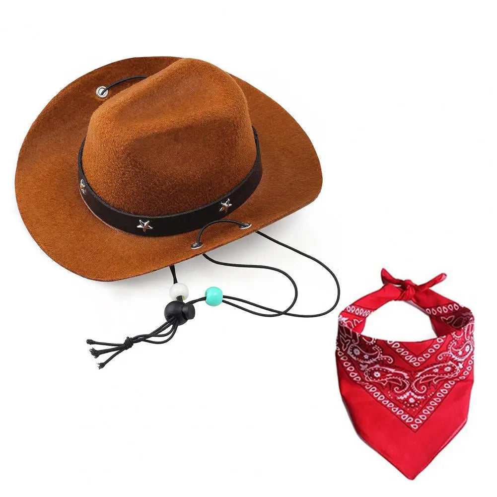 Pet Cowboy Hat Scarf Set Adjustable Buckle Pet Bandana Stylish Western Cowboy Dog Costume Set Breathable Hat Adjustable for Dogs