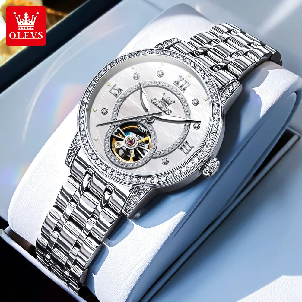 OLEVS Top Brand Women's Watches Elegant Shining Brightly Dial Original Wristwatch Waterproof Automatic Mechanical Flywheel Watch