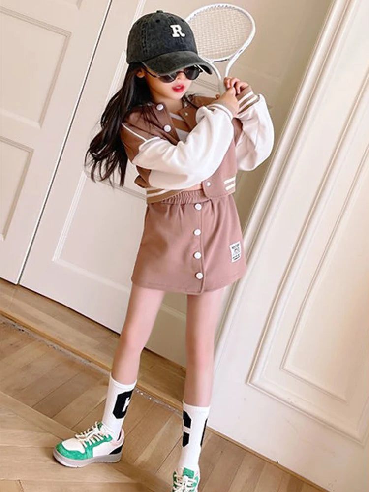 Baseball Coats+Slim Skirt 2Pcs Clothing Sets Spring Autumn Teen Girls Fashion Sports Outfits Kids Letter Print Tracksuit 3-14 Y