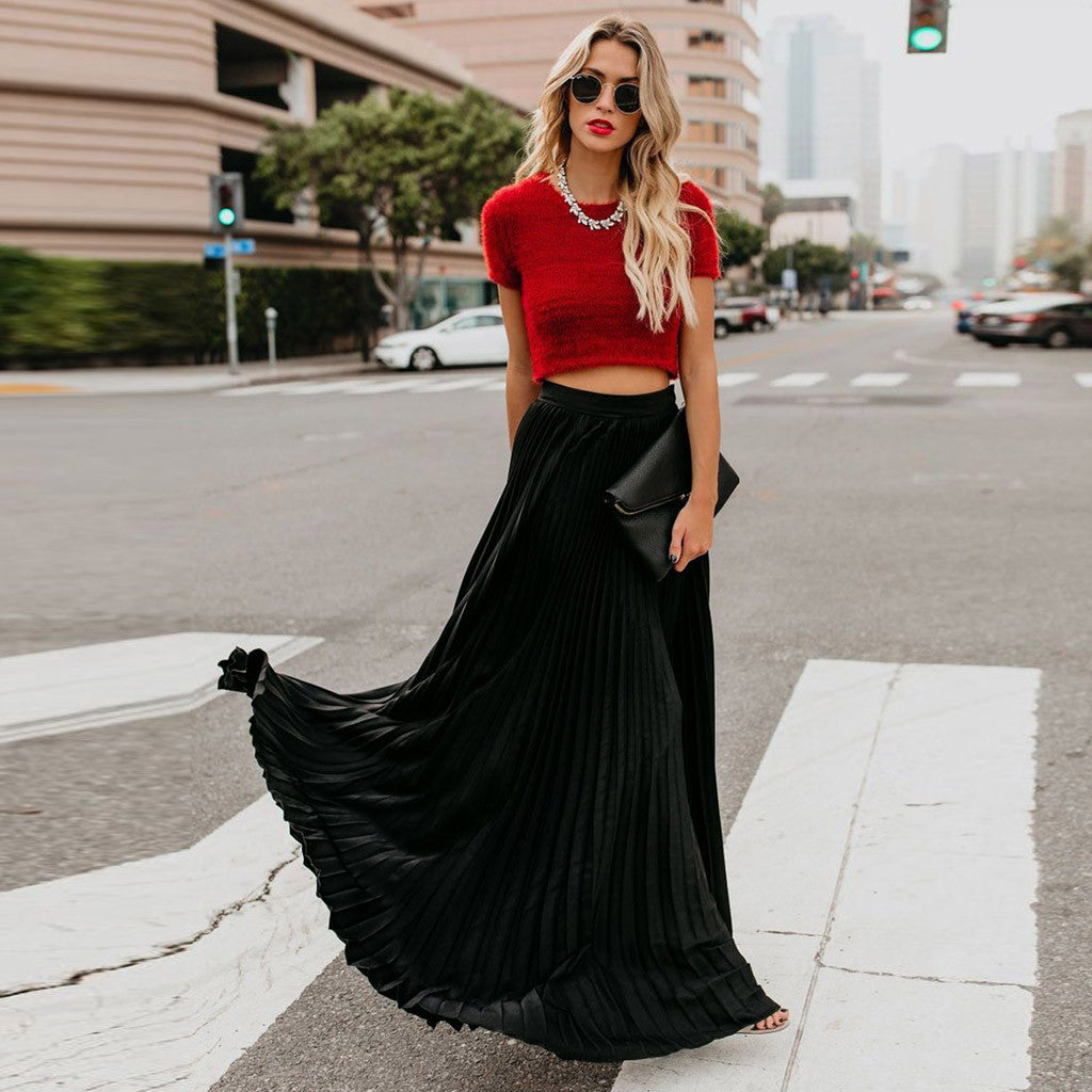 2022 Fashion Womens A-line Pleated Red Skirts Summer Jupe Longue Elastic Vintage Elegant Chic Loose Long Skirt Dropshipping