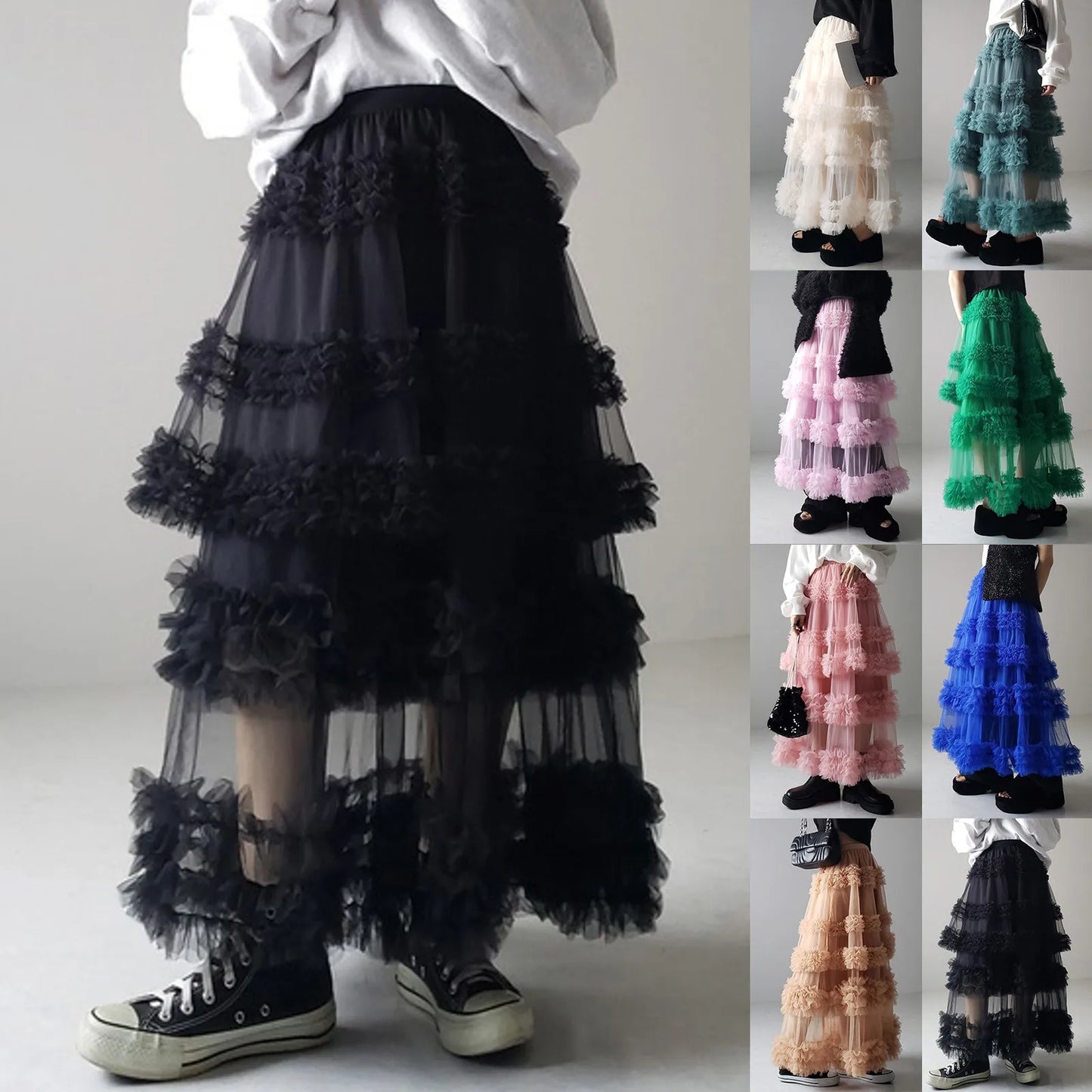 Mesh Long Tulle Skirt For Women 2024 New Elastic Waist Elegant High Waist Ball Gown Female Solid Layered Gauze Tutu Skirts